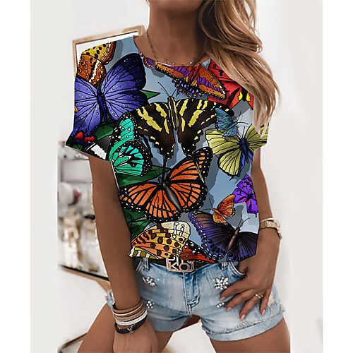 

Women's T shirt Graphic Butterfly Print Round Neck Tops Basic Basic Top Blushing Pink Green Rainbow