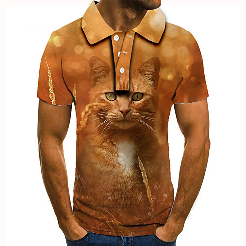 

Men's Golf Shirt 3D Print Cat Animal Button-Down Short Sleeve Street Tops Casual Fashion Cool Orange / Sports