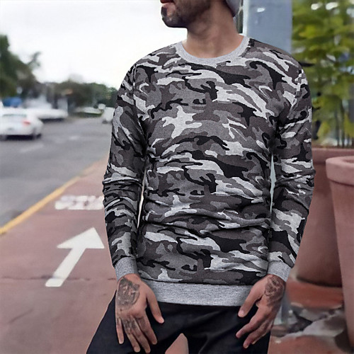 

Men's Pullover Sweatshirt Camouflage Round Neck Basic Hoodies Sweatshirts Gray