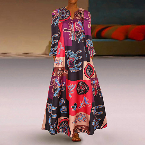 

Women's Swing Dress Maxi long Dress Orange Red Long Sleeve Color Block Spring Summer Boho Loose 2021 S M L XL XXL 3XL 4XL 5XL