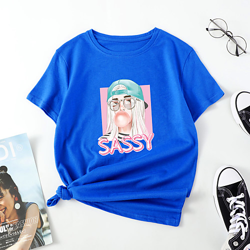 

Women's T shirt Portrait Letter Print Round Neck Tops Cotton Basic Basic Top White Black Blue