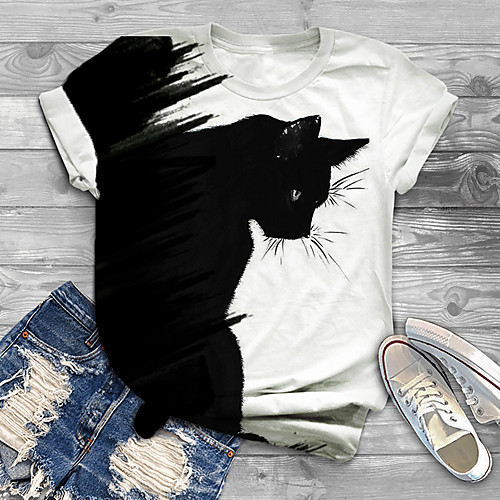 

Women's Plus Size Tops T shirt Cat Graphic Animal Print Short Sleeve Crewneck Basic White Big Size XL XXL 3XL 4XL 5XL / Holiday