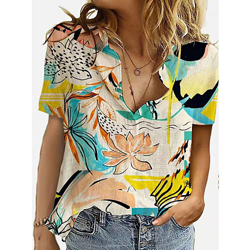 

Women's Blouse Shirt Floral Graphic Print Shirt Collar Basic Streetwear Tops Purple Yellow Green