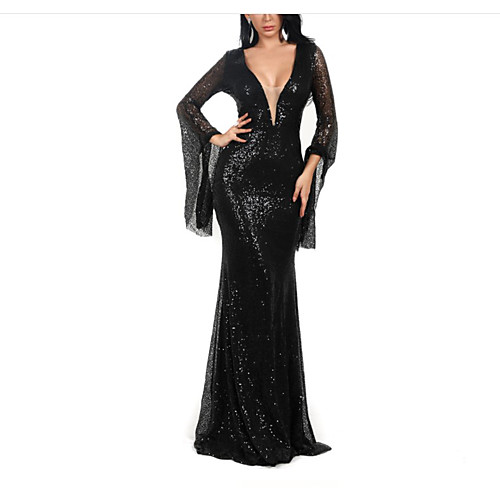 

Mermaid / Trumpet Sparkle Sexy Wedding Guest Formal Evening Dress V Neck Long Sleeve Sweep / Brush Train Spandex with Sequin 2021