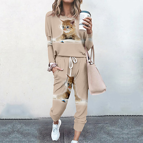 

Women's Streetwear Cinched 3D Print Cat Going out Casual / Daily Two Piece Set Sweatshirt Tracksuit Pant Loungewear Jogger Pants Drawstring Print Tops
