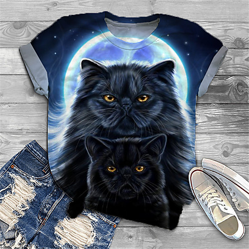 

Women's Plus Size Tops T shirt Cat Graphic Animal Print Short Sleeve Crewneck Basic Navy Blue Big Size XL XXL 3XL 4XL 5XL / Holiday