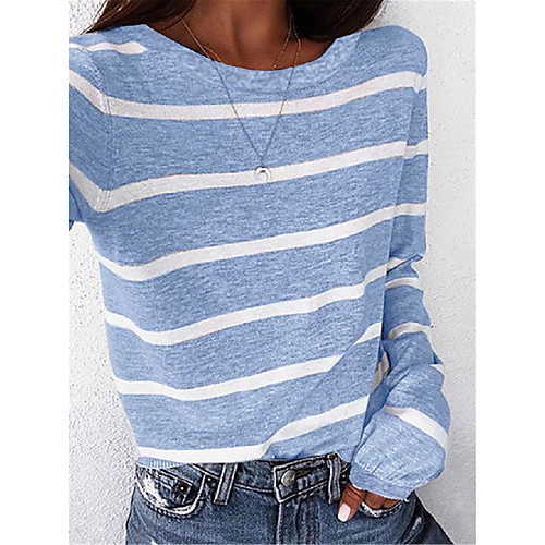 

Women's T shirt Striped Long Sleeve Round Neck Tops Basic Basic Top Blue Gray