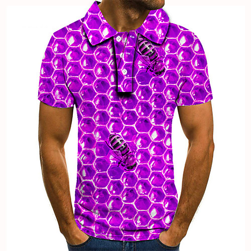 

Men's Golf Shirt Tennis Shirt 3D Print Honeycomb Bee Button-Down Short Sleeve Street Tops Casual Fashion Cool Purple / Sports