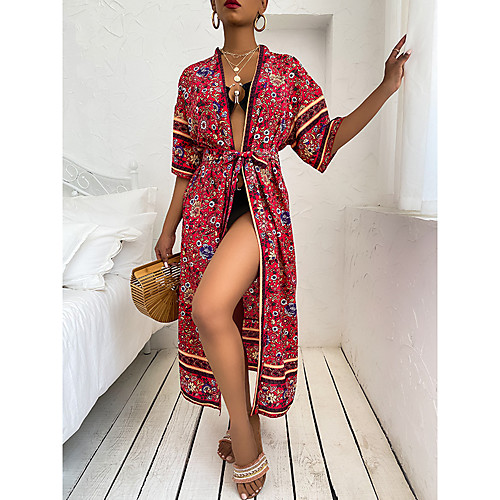 

Women's Trench Coat Daily Summer Maxi Coat Loose Boho Jacket Half Sleeve Print Print Blue Red / Holiday