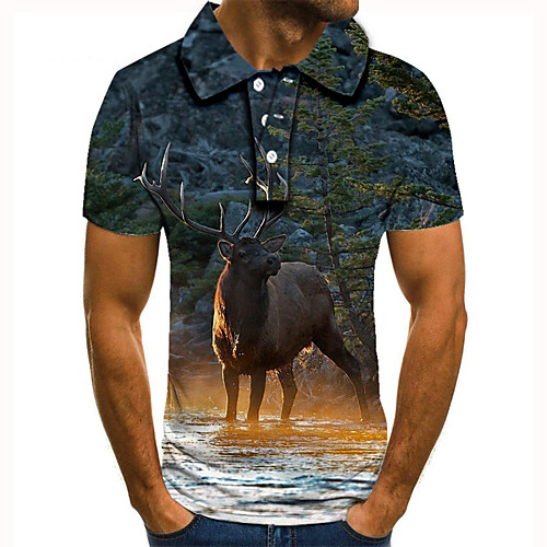 

Men's Golf Shirt Tennis Shirt 3D Print Deer Animal Button-Down Short Sleeve Street Tops Casual Fashion Cool Brown / Sports