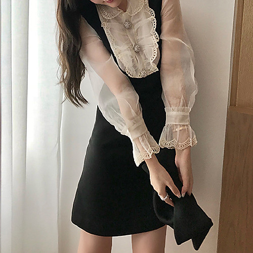 

A-Line Little Black Dress Elegant Homecoming Cocktail Party Dress Shirt Collar Long Sleeve Short / Mini Stretch Fabric with Buttons 2021