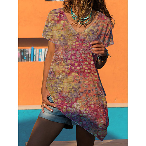 

2021 amazon independent station wish european and american women's printed v-neck irregular hem short-sleeved t-shirt women
