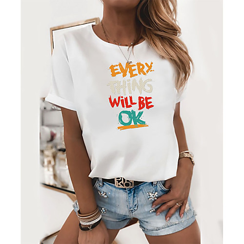 

Women's T shirt Text Print Round Neck Tops 100% Cotton Basic Basic Top White