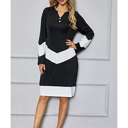 

Women's Shift Dress Knee Length Dress Black Long Sleeve Color Block Patchwork Fall Summer V Neck Elegant Casual 2021 S M L XL XXL / Satin