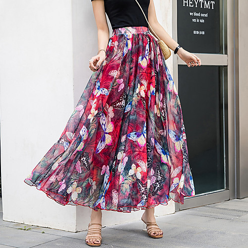 

Women's Vacation Beach Casual Streetwear Skirts Floral / Botanical Layered Print Black Red