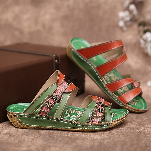 

Women's Sandals Comfort Shoes Flat Heel Round Toe PU Color Block Green