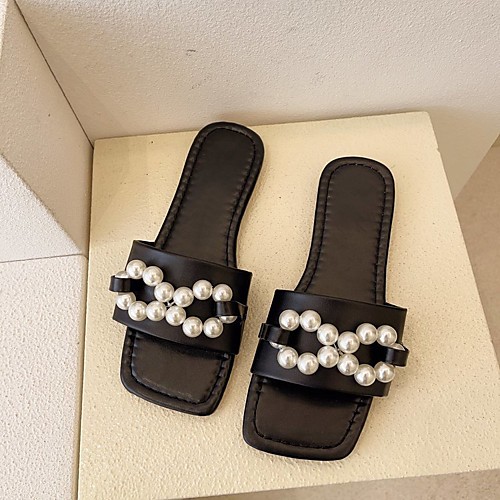 

Women's Slippers & Flip-Flops Flat Heel Open Toe PU Solid Colored Black Beige