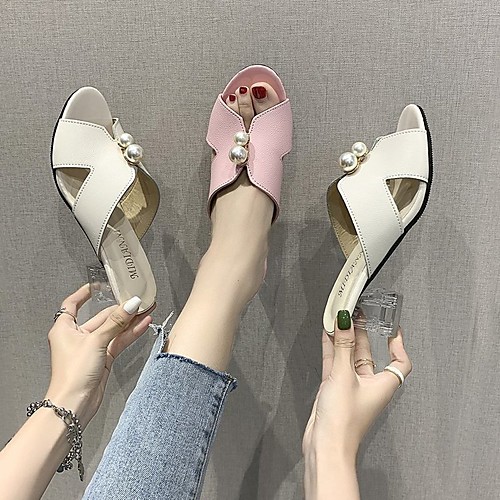 

Women's Sandals Heeled Mules Flat Heel Round Toe PU Solid Colored Pink Beige