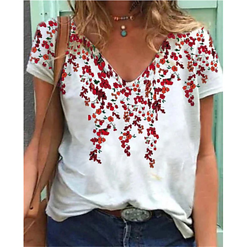 

Women's Floral Theme T shirt Graphic V Neck Tops Basic Basic Top White