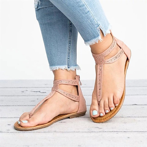 

Women's Sandals Boho Bohemia Beach Flat Heel Round Toe Rubber Leather Rhinestone Solid Colored Light Brown Black Pink