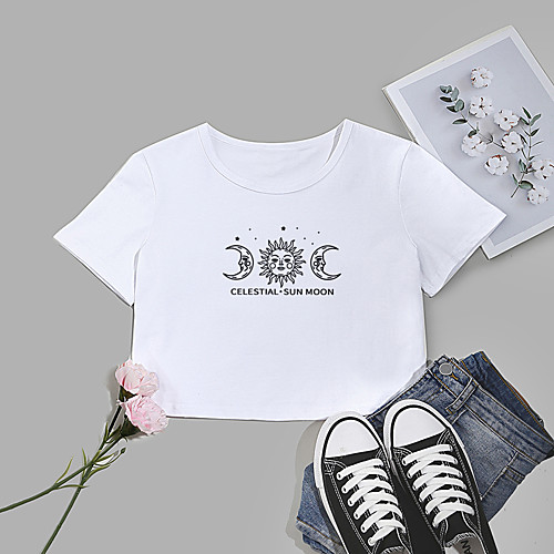 

Women's Crop Tshirt Graphic Letter Print Round Neck Tops Cotton Basic Basic Top White Black