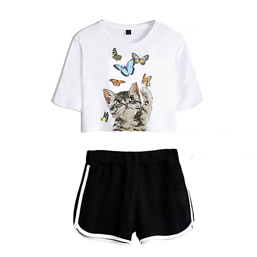 

Women's Basic Streetwear Cat Vacation Casual / Daily Two Piece Set Crop Top Tracksuit T shirt Loungewear Shorts Print Tops