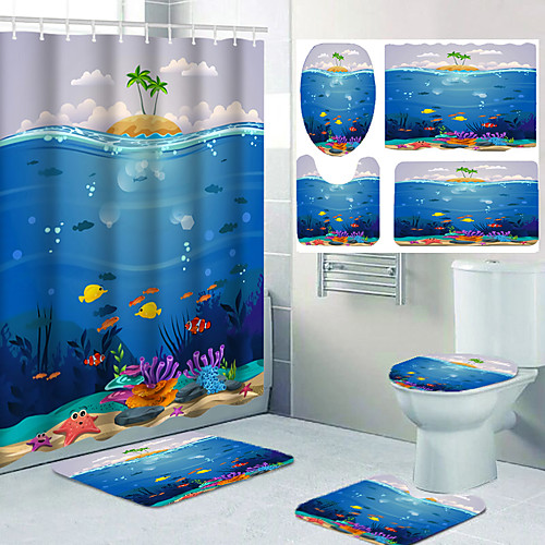 

Four-piece Design of Sea Surface Pattern Printing Bathroom Shower Curtain and Leisure Toilet