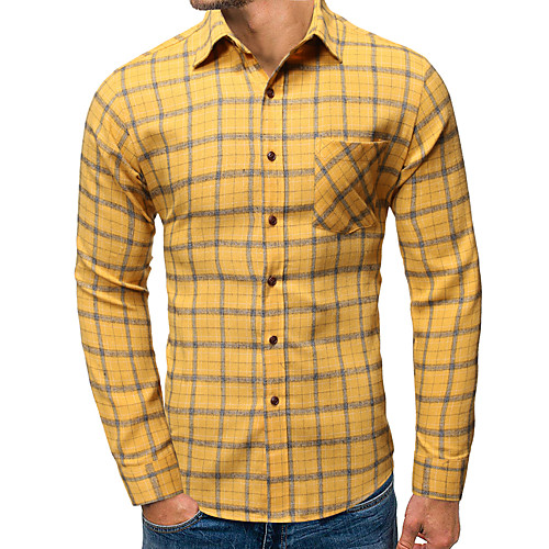 

Men's Shirt Other Prints Lattice Print Long Sleeve Casual Tops Button Down Collar Yellow White
