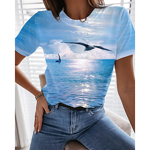 

Women's Holiday 3D Printed Painting T shirt Graphic Bird Print Round Neck Basic Beach Tops Light Blue