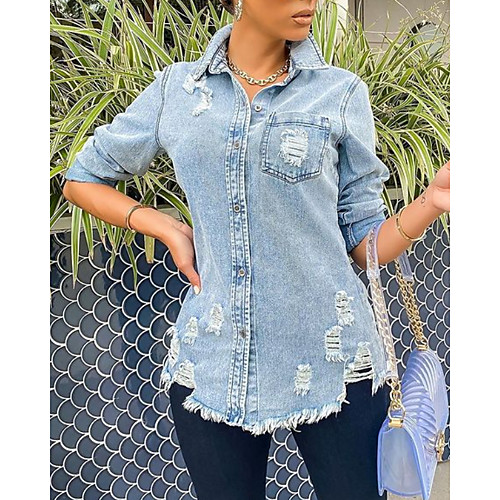 

Women's Jacket Daily Fall Spring Regular Coat Regular Fit Casual Jacket Long Sleeve Solid Colored Cut Out Light Blue / Denim