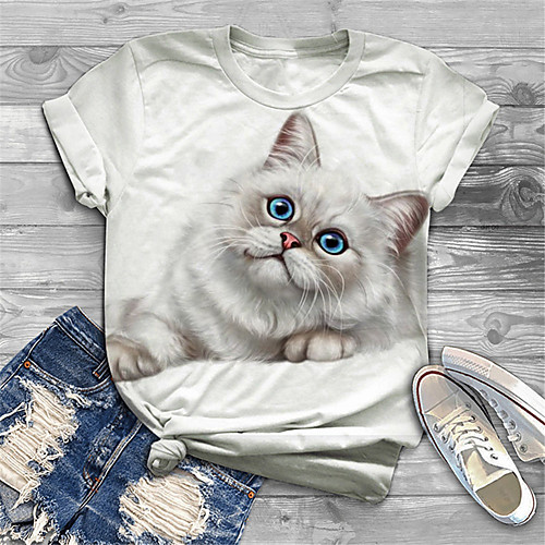 

Women's Plus Size Tops T shirt Cat Graphic Print Short Sleeve Crewneck Basic White Big Size XL XXL 3XL 4XL 5XL / Holiday