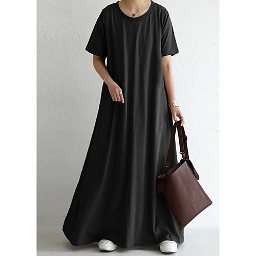 

Women's Swing Dress Maxi long Dress Orange Black Brown Short Sleeve Solid Color Summer Round Neck Elegant 2021 M L XL XXL 3XL 4XL 5XL / Cotton / Cotton