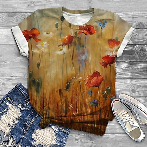 

Women's Plus Size Tops T shirt Floral Graphic Print Short Sleeve Crewneck Basic Yellow Big Size XL XXL 3XL 4XL 5XL / Holiday