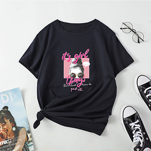 

Women's T shirt Portrait Letter Print Round Neck Tops Cotton Basic Basic Top White Black Blue