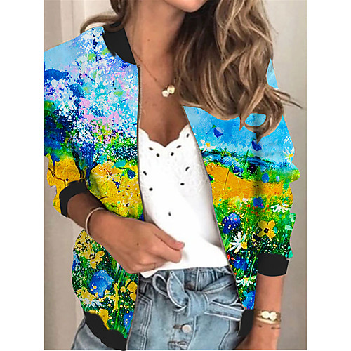 

Women's Jacket Daily Fall Spring Regular Coat V Neck Regular Fit Sporty Casual Jacket Long Sleeve Floral Print Light Blue / Holiday