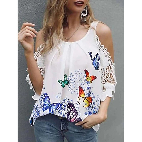 

Women's Blouse Shirt Graphic Butterfly Lace Trims Print U Neck Basic Streetwear Tops White Blue Yellow