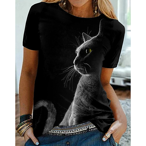 

Women's 3D Cat T shirt Cat Graphic 3D Print Round Neck Basic Tops Black