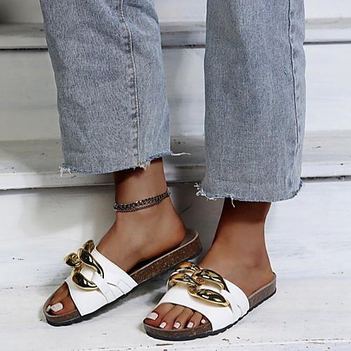 

Women's Sandals Outdoor Slippers Flat Heel Round Toe PU Color Block White Black