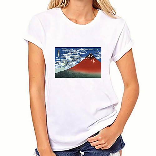 

Women's T shirt Graphic Scenery Ukiyoe Print Round Neck Basic Tops 100% Cotton Green White Red