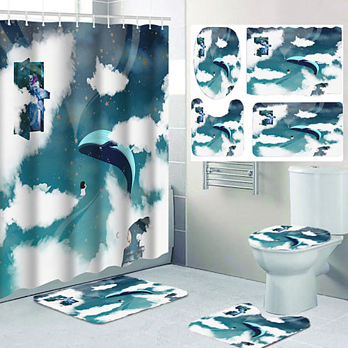 

Four-piece Set of Waterproof Shower Curtain and Hook Cushion for Bathroom Casual Decoration