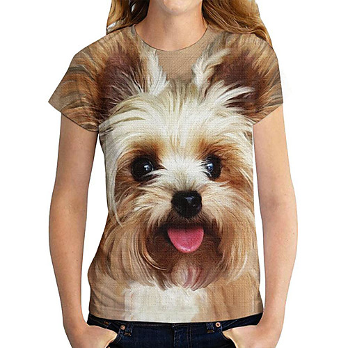 

Women's 3D Printed T shirt Dog 3D Animal Print Round Neck Basic Tops Khaki