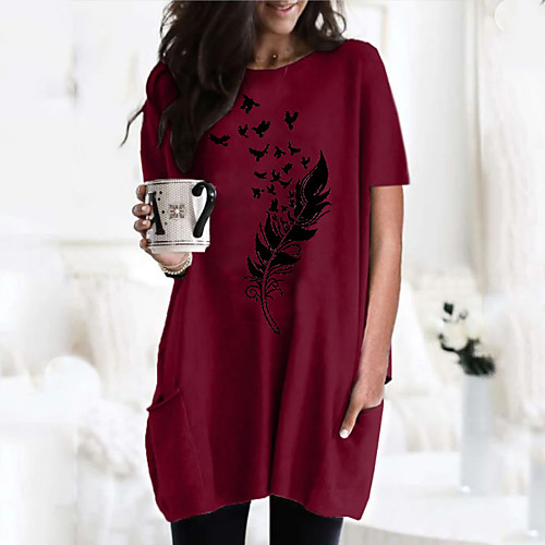 

Women's T shirt Dress Graphic Round Neck Tops Basic Basic Top Black Wine Army Green