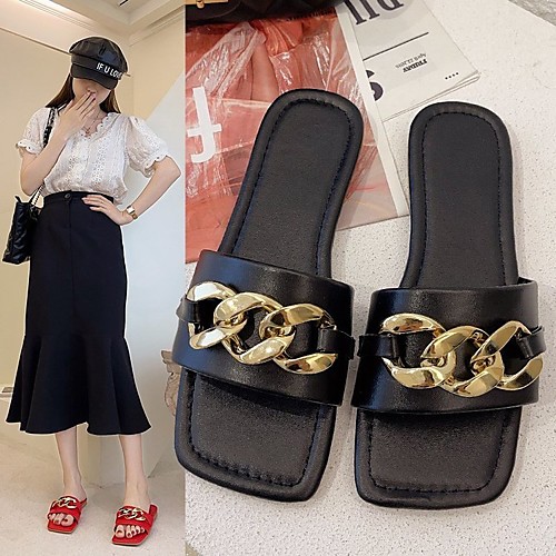 

Women's Flats Outdoor Slippers Flat Heel Open Toe Patent Leather Solid Colored Black Yellow Red