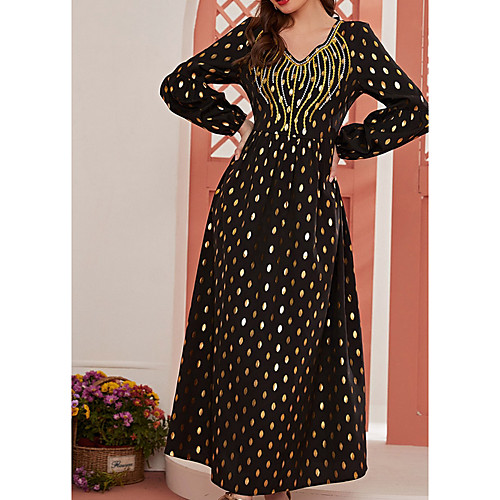 

Women's Kaftan Dress Maxi long Dress Black Long Sleeve Polka Dot Patchwork Summer Round Neck Casual 2021 S M L XL XXL 3XL