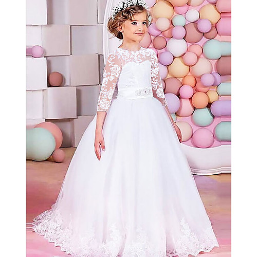 

Princess Floor Length Flower Girl Dresses Party Lace Half Sleeve Jewel Neck with Sash / Ribbon