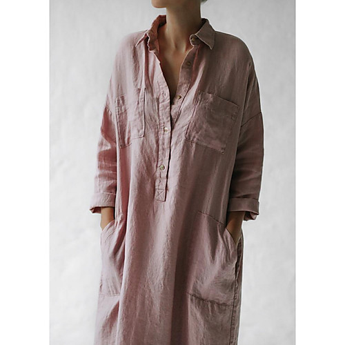 

Women's Shift Dress Midi Dress Blushing Pink Long Sleeve Solid Color Summer Shirt Collar Casual Loose 2021 S M L XL XXL
