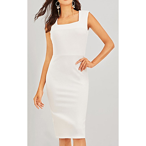 

Women's Sheath Dress Knee Length Dress White Sleeveless Solid Color Spring Summer Square Neck Elegant Casual Slim 2021 S M L XL