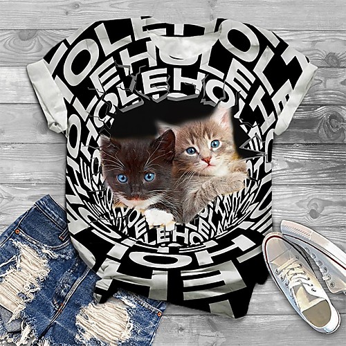 

Women's Plus Size Tops T shirt Cat Graphic Letter Print Short Sleeve Crewneck Basic Black Big Size XL XXL 3XL 4XL 5XL / Holiday