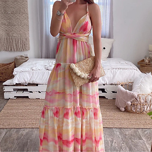 

Women's Swing Dress Maxi long Dress Blushing Pink Sleeveless Color Block Lace up Print Spring Summer Halter Neck V Neck cold shoulder Casual Sexy Beach Slim 3D Print S M L XL