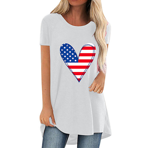 

amazon 2021 summer hot sale independence day love print casual large size long round neck short sleeve t-shirt women